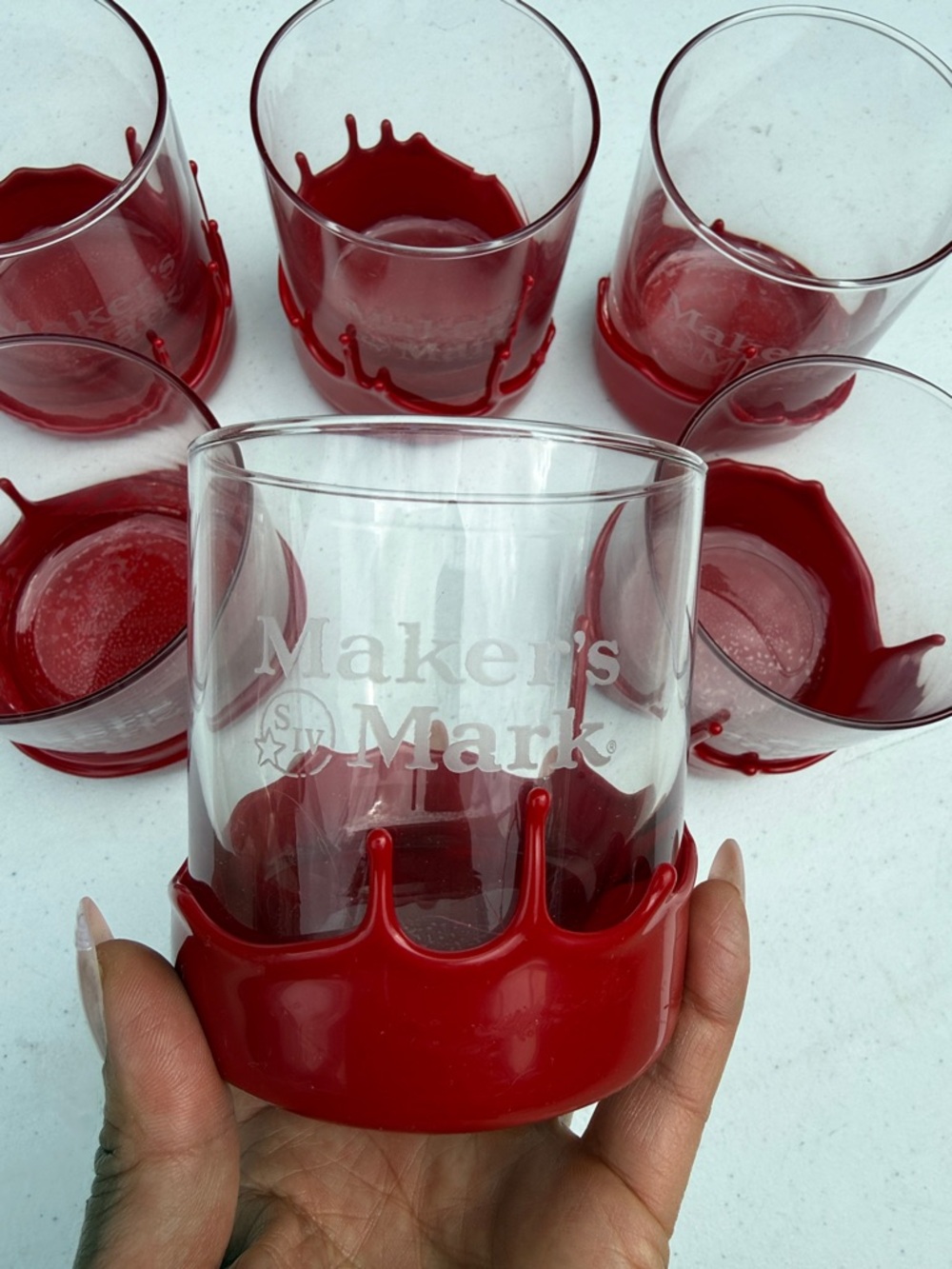 Makers Mark Red Whiskey Tumblers Hand Dipped Wax Drip Dip Accent - Set of 6